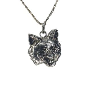 BEST fierce cat pendant silver tone necklace 18”